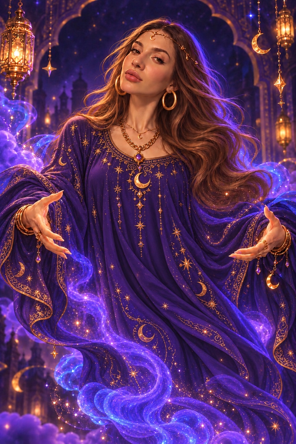A mystical spirit with gold hoop earrings emerging from violet and blue stardust